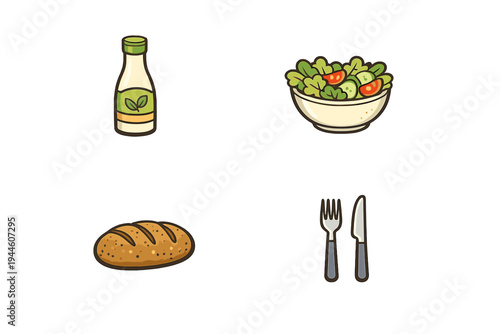 A set of four flat vector icons featuring a bottle of salad dressing