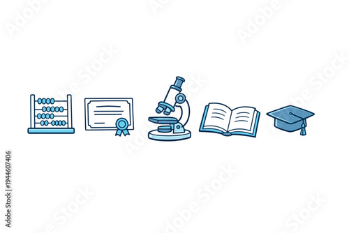 A collection of blue and white educational icons including an abacus
