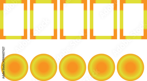 Orange gradient circle elements set. Glowing round shapes collection. Bright sun like discs and framed squares. Modern abstract design elements. Vector illustration.