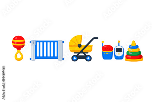 A collection of colorful baby care icons including a rattle, safety