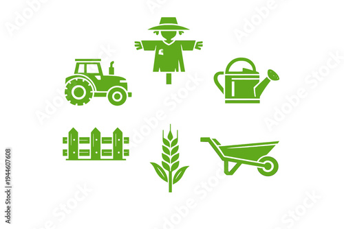 A collection of six green farming and agriculture icons including a