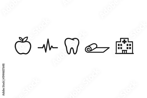 A collection of five minimalist black line icons representing health