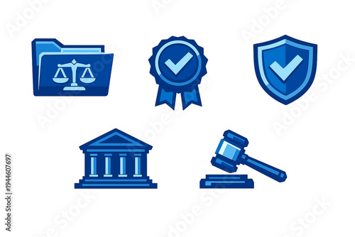 A collection of blue legal icons featuring a folder with scales, a