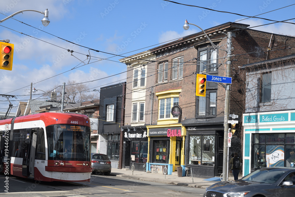 Fototapeta premium looking northwest on Gerrard St E at Jones Av, Toronto (location of Chula Taberna Mexicana)