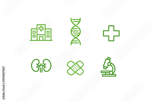 A set of six green line icons representing medical and healthcare