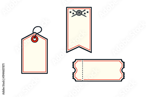 A set of three vintage-style blank labels and tags including a price