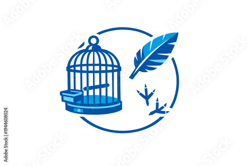 A blue vector illustration featuring a birdcage, a large feather, and