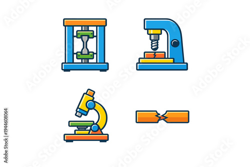 A set of four flat vector icons representing material testing equipment, including a tensile tester, a hardness machine, a microscope, and a fractured metal specimen on a black background.