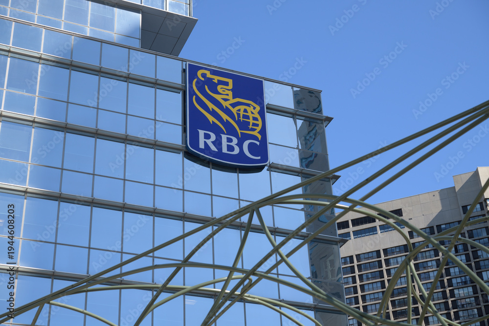 Fototapeta premium RBC corporate logo on the exterior of RBC WaterPark Place, a business centre, located at 88 Queens Quay W, Toronto