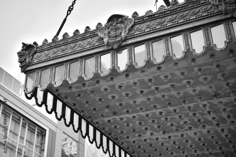 Fototapeta premium black and white view of a decorative Edwardian canopy outside of Elgin & Winter Garden Theatres (189 Yonge St), Toronto