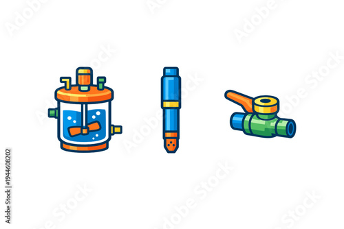 A set of three colorful industrial icons featuring a chemical mixing tank with an impeller, a blue fuel injector nozzle, and a green ball valve on a solid black background.