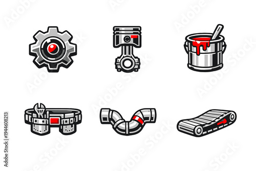 A set of six industrial vector icons including a gear, engine piston