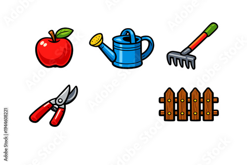 A collection of garden and agriculture icons including a red apple