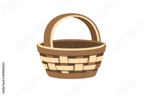 A simple vector illustration of a brown woven basket with a sturdy handle, featuring a classic interlaced pattern in shades of tan and dark brown against a solid black background.