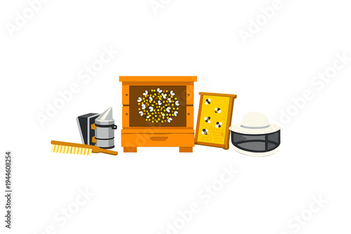 A flat illustration of beekeeping equipment including a wooden beehive, a honeycomb frame, a smoker, a brush, and a protective hat with a veil on a black background.