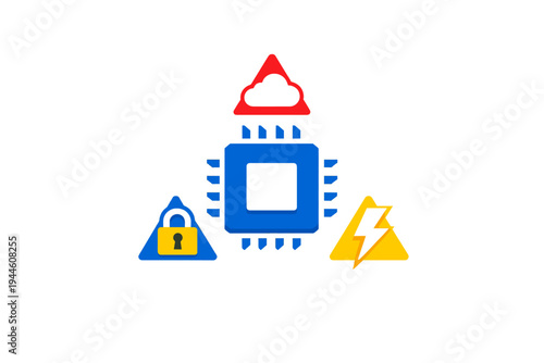 A central blue microchip icon is surrounded by three triangular symbols representing cloud computing, security with a padlock, and power with a lightning bolt on a black background.