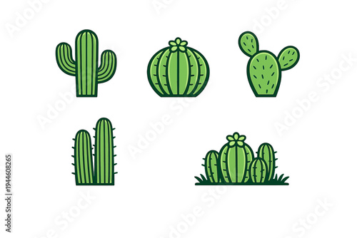 Five minimalist green cactus illustrations displayed on a black background, including saguaro, barrel, and prickly pear varieties in a clean vector graphic style.