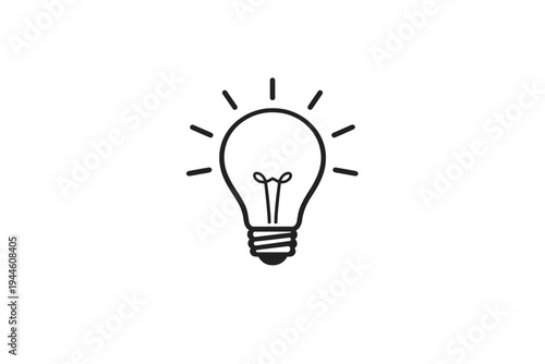 A minimalist white light bulb icon with black outlines and radiating light rays is centered on a solid black background, symbolizing a bright idea or creative inspiration.