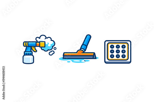 A set of three stylized cleaning icons featuring a foam spray nozzle, a squeegee with water, and a square grid pattern, all presented in a bold vector style on a black background.