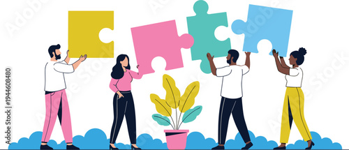 Teamwork and Collaboration Concept with People Assembling Puzzle Pieces, Business Strategy and Problem Solving Illustration