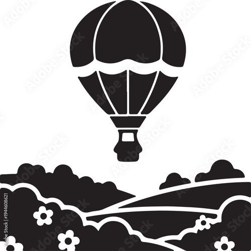 Black hot air balloon vector icon with landscape isolated on White Background