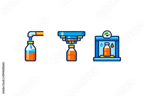 Three stylized icons illustrate a liquid bottling process, showing a bottle being filled, capped, and then tested in a quality control machine against a black background.