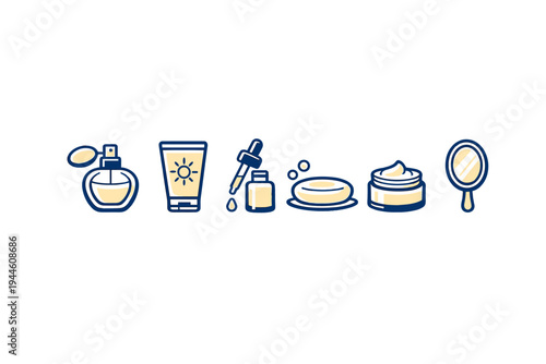 A collection of skincare and beauty icons featuring a perfume bottle