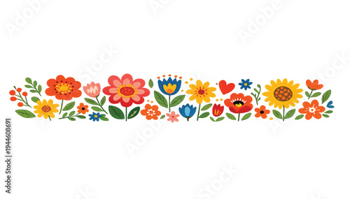 Colorful Spring Floral Row with Cute Bee Illustration