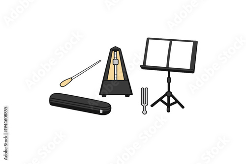 A collection of musical accessories including a conductor's baton, a metronome, a music stand with sheet music, a tuning fork, and a black instrument case on a dark background.