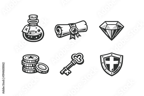 A collection of six monochrome fantasy game icons including a potion bottle, a sealed scroll, a diamond, a stack of coins, an ornate key, and a shield with a cross on a black background.