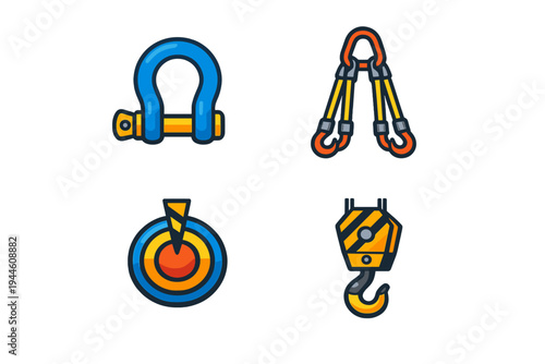 A set of four industrial lifting equipment icons including a shackle, a sling with hooks, a pulley target, and a crane hook block with hazard stripes on a black background.
