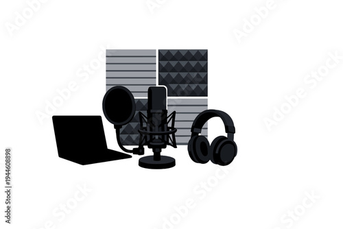 A flat vector illustration of professional podcasting equipment including a microphone with a shock mount, headphones, a laptop, and acoustic foam panels on a black background.