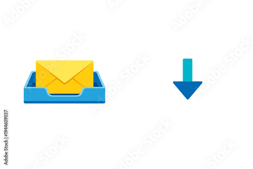 A digital illustration of a yellow envelope sitting in a blue inbox tray next to a blue downward arrow on a black background. It represents receiving new mail or downloading messages.