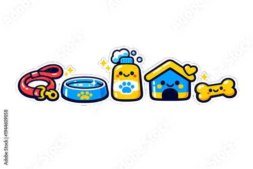 A collection of cute kawaii dog care icons featuring a red leash
