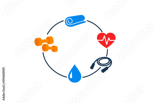 A circular graphic featuring fitness icons including a yoga mat, heart rate symbol, jump rope, water drop, and dumbbells, representing a holistic approach to health and exercise.