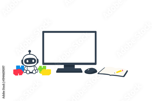 This flat vector illustration shows a computer monitor surrounded by a small robot, colorful puzzle pieces, a mouse, and an open notebook with a pencil on a dark background.