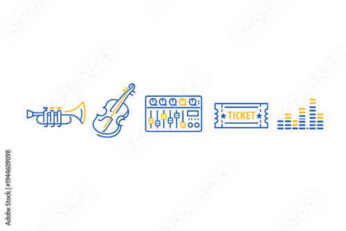 Collection of minimalist music icons including a trumpet, violin