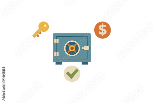 A blue metal safe box is surrounded by a yellow key, a dollar sign icon, and a green checkmark on a black background. This illustration represents financial security and success.