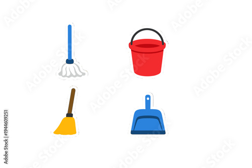 A set of four cleaning tool icons featuring a mop, a red bucket, a broom, and a blue dustpan. Each illustration has a white border and is presented on a solid black background.