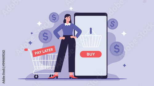 Buy now pay later mobile payment concept with woman standing near smartphone shopping cart and dollar coins, digital finance and ecommerce vector illustration