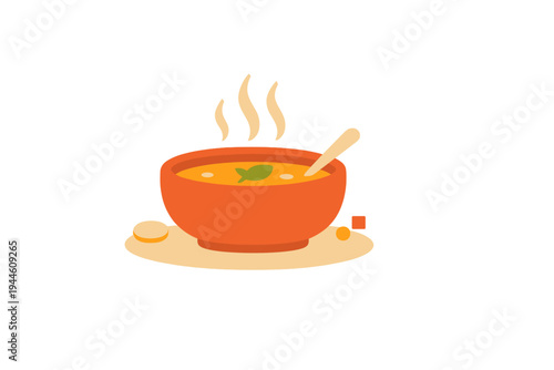 A flat vector illustration features a warm orange bowl filled with steaming hot soup, garnished with green leaves and a spoon, placed on a light oval mat.