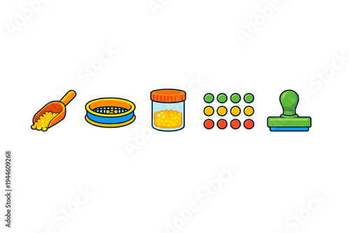Five flat vector icons displayed on a black background including a scoop with seeds, a round sieve, a glass jar, a grid of colored dots, and a green office stamp.