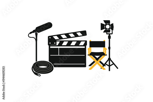 This graphic shows a collection of movie making icons such as a clapperboard, boom mic, director chair, and studio light, all presented in a minimalist black and yellow style.