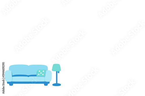This 3D digital illustration features a light blue sofa with a green patterned cushion and a matching blue floor lamp, all set against a solid black background.