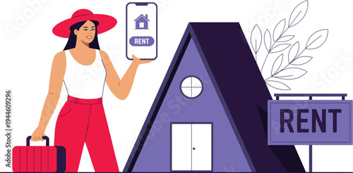 Young woman holding key and suitcase standing near house with rent sign, property rental concept, real estate leasing and tenant housing vector illustration