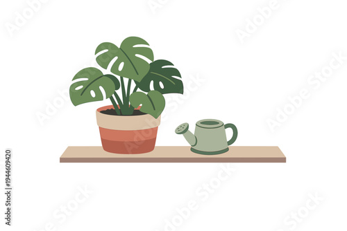 A minimalist vector illustration features a potted monstera plant and a small green watering can resting on a simple wooden shelf, set against a solid black background.