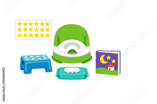 A collection of potty training essentials including a green potty chair, a blue step stool, a pack of wet wipes, a storybook, and a star reward chart on a black background.