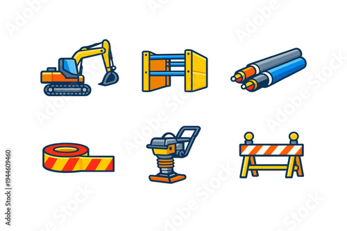 A collection of six construction icons featuring an excavator, trench shoring, utility pipes, caution tape, a jumping jack compactor, and a road barrier on a black background.