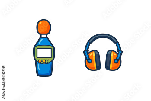 This illustration features a blue digital sound level meter with an orange top and a pair of orange and blue earmuffs for hearing protection, set against a black background.