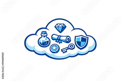 A blue cloud icon containing various fantasy game items including a diamond, potion, scroll, shield, star coin, and key, set against a solid black background.